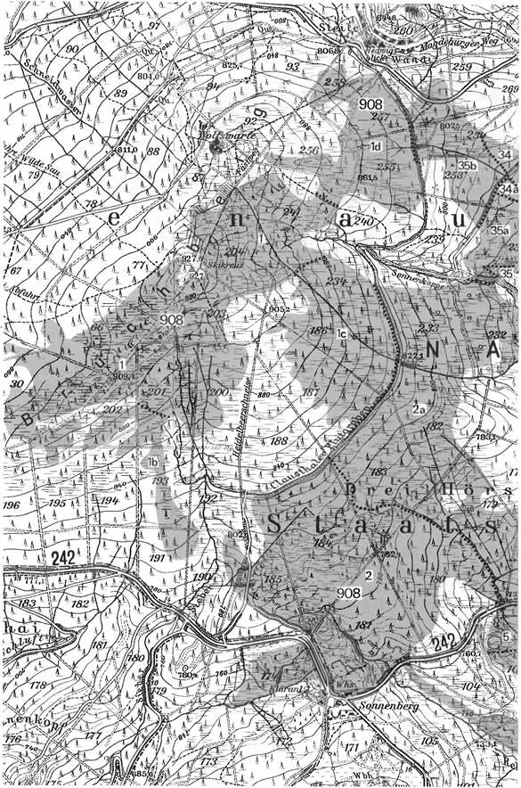 Detailkarte zur Lage der Moorteilgebiete 1, 1A, 1B, 1C, 1D, 2, 2A, 5, 34, 34A, 35, 35A und 35B des Harzer Moorkomplexes (908)