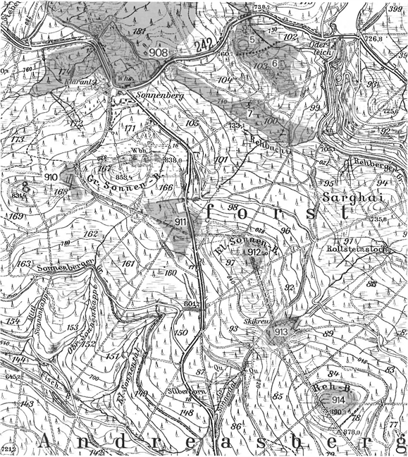 Detailkarte zur Lage der Moorteilgebiete 5, 6 und 7 des Harzer Moorkomplexes (908) sowie die Moorgebiete 910, 911, 912, 913 und 914