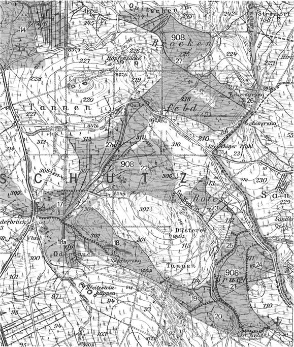 Detailkarte zur Lage der Moorteilgebiete 14, 17, 18, 18A, 19, 20, 21, 22, 23, 24, 25, 26, 27 und 27A des Harzer Moorkomplexes (908)