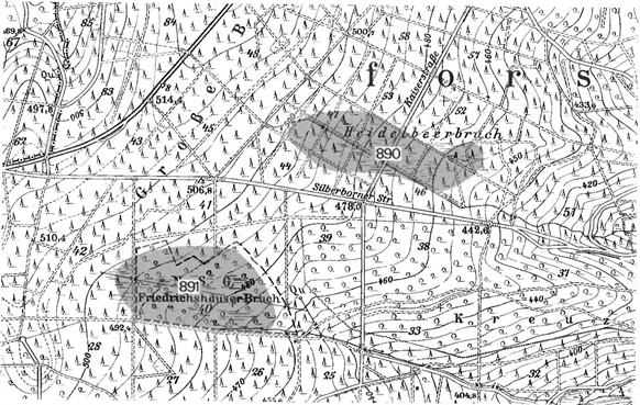 Lage des Moorgebiets 890 (Heidelbeerbruch) und 891 (Friedrichshäuser Bruch)