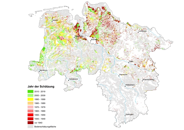 : Karte mit Altersangabe der eingehenden Schätzungsdaten für kohlenstoffreiche Böden mit Stand 2018